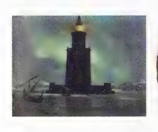 A modern reconstruction drawing of the lighthouse of Alexandria, a tall three-tiered tower with a beacon at the top, standing on a harbor mole.
