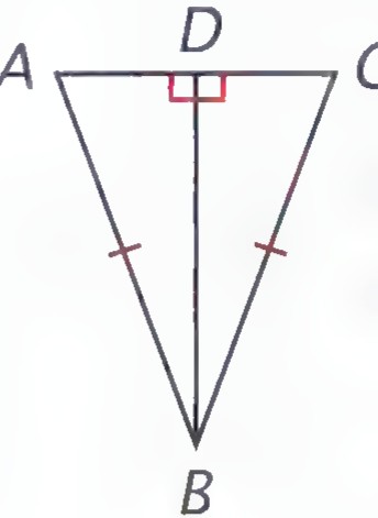 Isosceles triangle ABC with the vertex at B, point D the midpoint of AC, BD drawn perpendicular to AC, and tick marks on BA and BC.