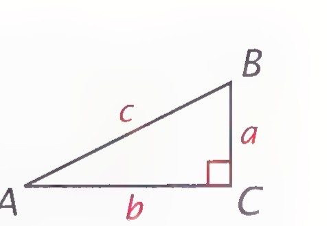 Right triangle ABC with the right angle at C, the leg adjacent to angle A labeled b, the leg opposite angle A labeled a, and the hypotenuse labeled c.