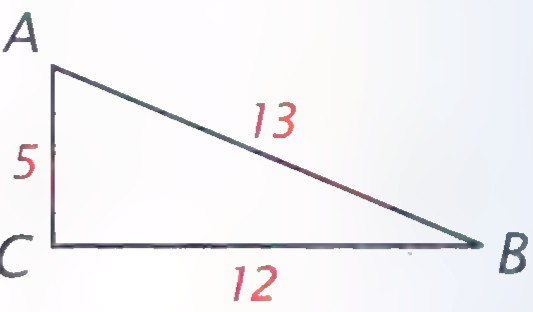 Right triangle ABC with the right angle at C, the vertical leg labeled 5, the base labeled 12, and the hypotenuse labeled 13.