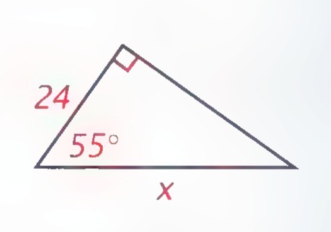 Right triangle with the vertical side labeled 24, the angle at the lower left labeled 55°, the base labeled x, and a right angle at the top.