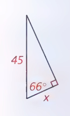 Right triangle with the vertical side labeled 45, the angle at the bottom labeled 66°, and the base labeled x.