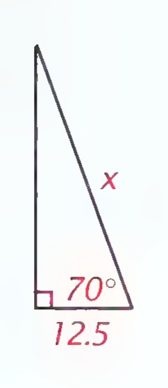 Right triangle with the vertical side labeled x, the base labeled 12.5, and the angle at the base labeled 70°.