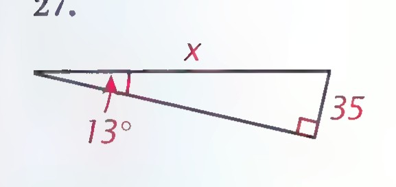 Right triangle with the hypotenuse labeled 35, one leg labeled 13, and part of the other side labeled x.