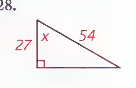 Right triangle with the vertical side labeled 27, the hypotenuse labeled 54, and the angle at the top marked x.