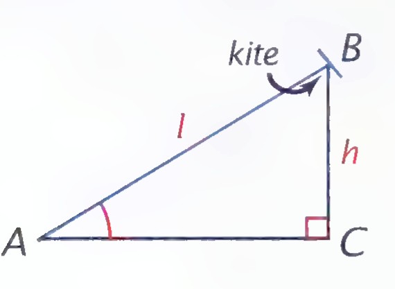 Right triangle ABC representing a kite: the taut line AC? labeled l, the height BC labeled h, the right angle at C, and the angle of elevation at A marked.