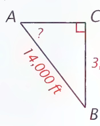 Right triangle ABC with the vertical side CB labeled 3,300 ft, the hypotenuse AB labeled 14,000 ft, and the angle at A labeled ?.