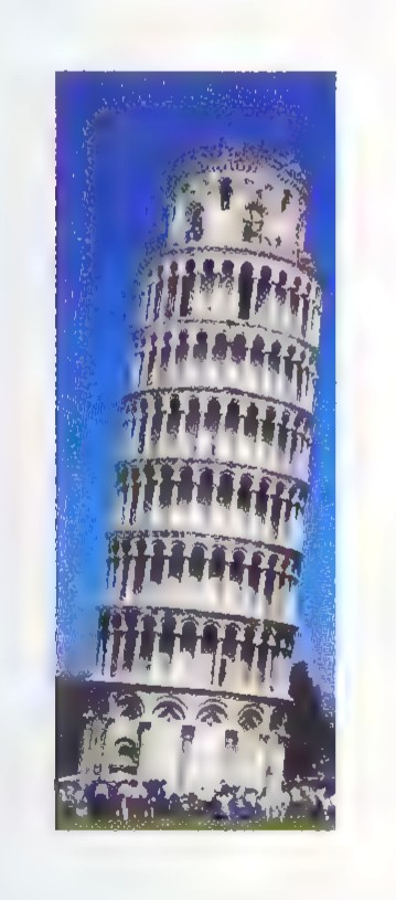 Photograph of the Leaning Tower of Pisa, clearly tilted to the right, with tourists at its base.