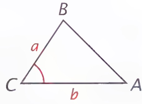Triangle ABC with side AC labeled a, side CB labeled b, and the included angle at C marked.