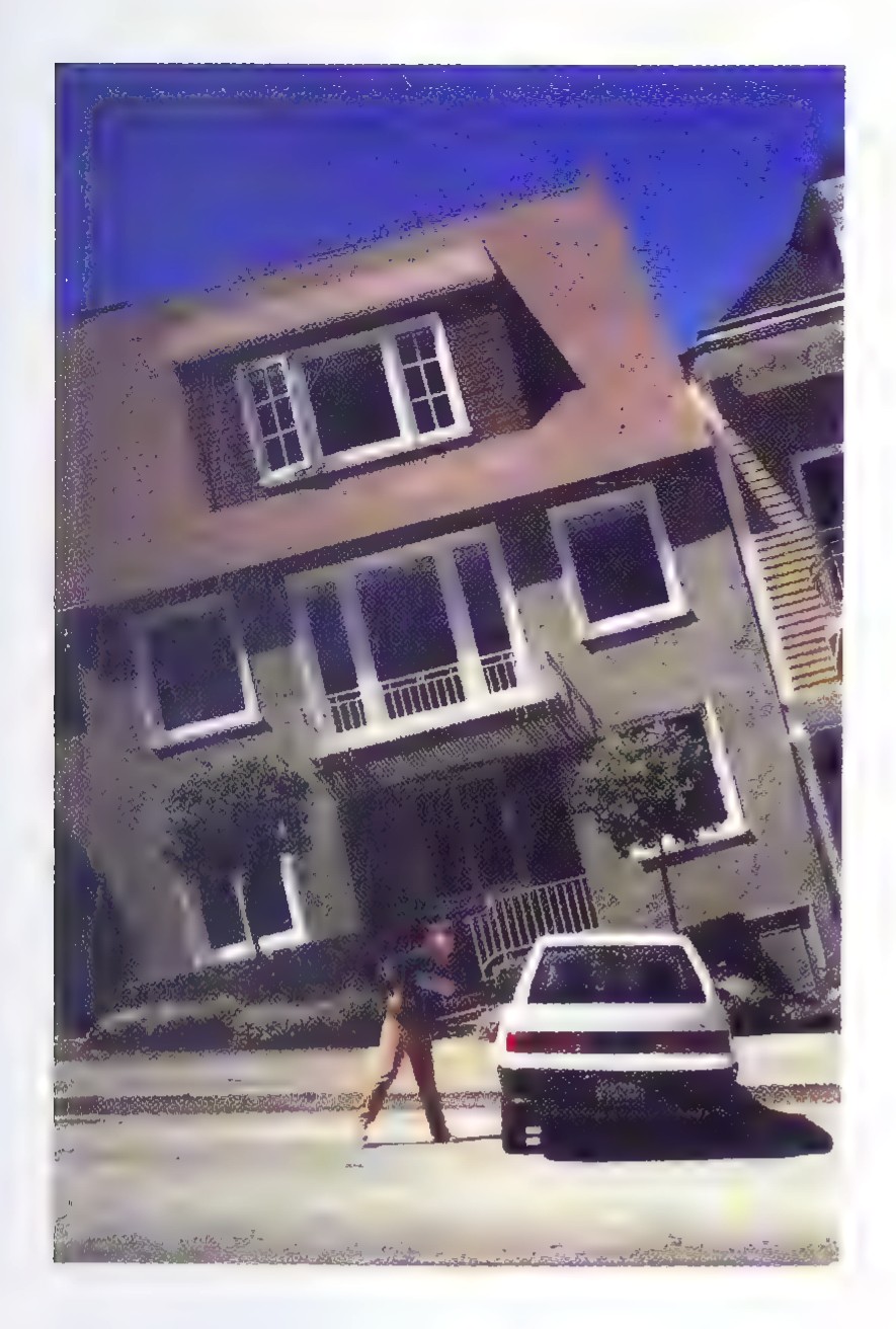Photograph looking up a steep San Francisco street: houses on both sides rise sharply, a car is parked at the curb, and a pedestrian crosses in the foreground.