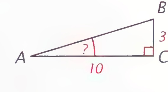 Right triangle with the horizontal leg labeled 10, the vertical leg labeled 3, the hypotenuse sloping up from A to B, and the angle of inclination at A marked with a question mark.