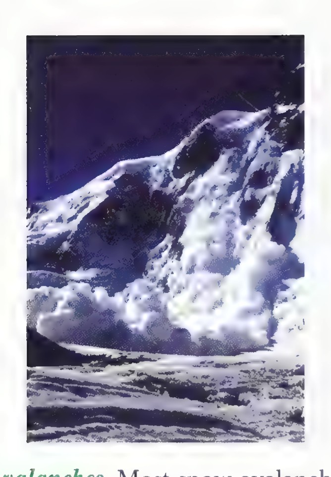 Photograph of a snow avalanche cascading down a steep mountain slope, with the snow cloud billowing over the slope below.