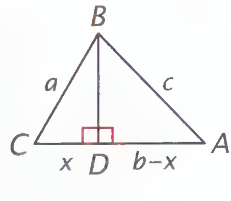 Triangle ABC with altitude BD to side AC, the base segments labeled x and b − x, and the right angle at D marked.