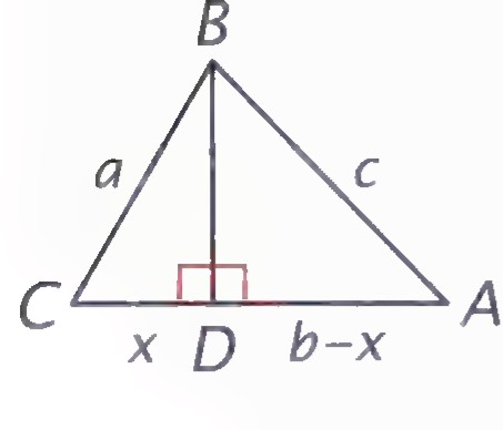 Triangle ABC with altitude BD drawn to side AC, the base segments labeled x and b − x, the sides a and c labeled, and the right angle at D marked.