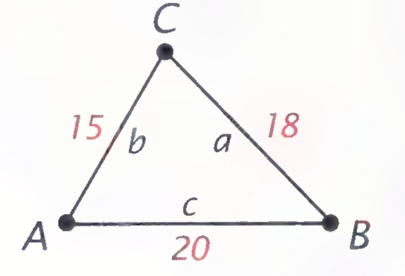 Triangle ABC with the vertex C at the top, the sides a = 18, b = 15, and c = 20 labeled in red.