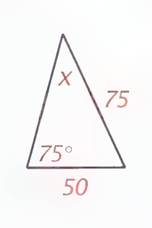Triangle with the upper left side labeled x, the upper right side labeled 75, the base labeled 50, and the lower left angle labeled 75°.