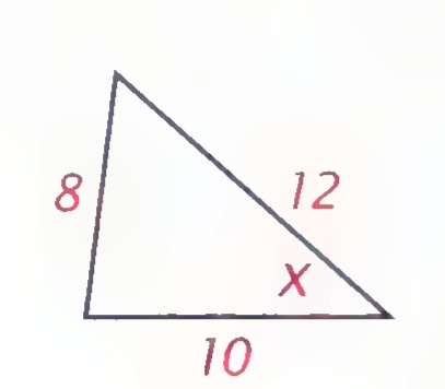 Triangle with sides 8, 12, and 10, with the angle opposite the side 8 labeled x.
