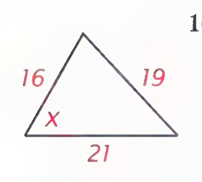 Triangle with sides 16 and 19 and base 21, with the angle between the sides 16 and 21 labeled x.
