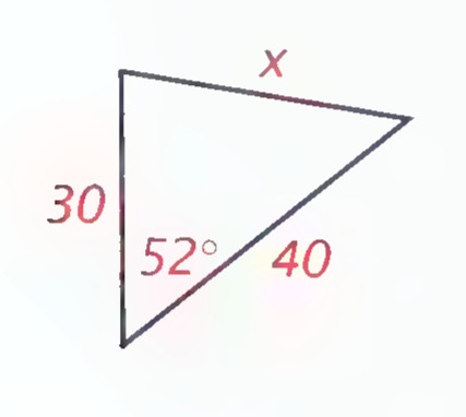 Triangle with the left side labeled 30, the base labeled 40, the angle between them labeled 52°, and the third side labeled x.