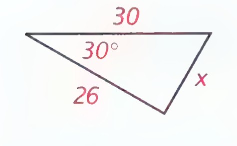 Triangle with the top side labeled 30, the left side labeled 26, the angle between them labeled 30°, and the third side labeled x.