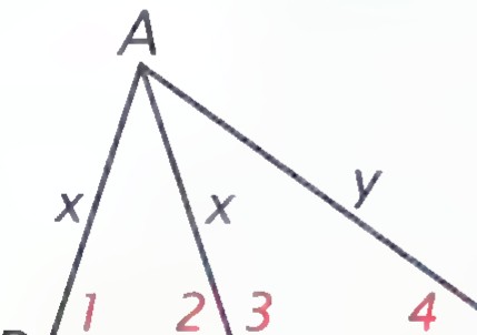 Triangle ABC with point D on side BC, segments AD and AB both labeled x, AC labeled y, and angles 1, 2, 3, and 4 marked at B, D, and C.