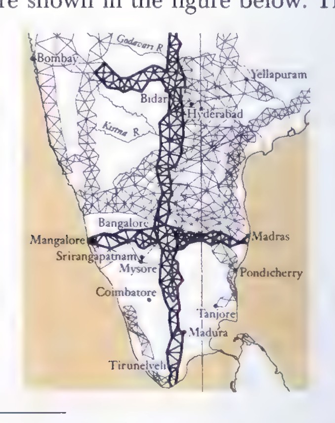 Map of southern India with a network of triangulation lines and many city names marked.
