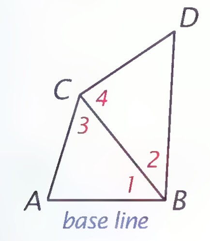 Quadrilateral ABCD with diagonal CB and the base line AB marked in blue, angles 1 and 2 at B, angles 3 and 4 at C, and points A, B, C, and D labeled.