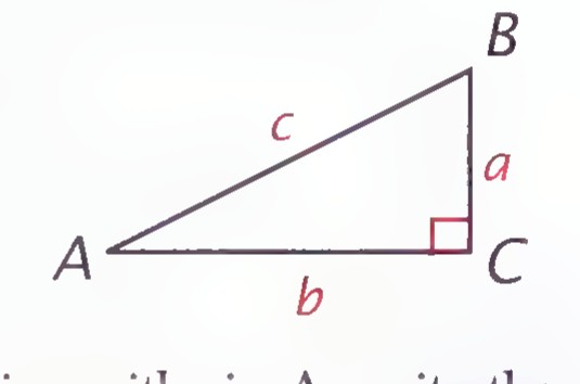 Right triangle ABC with the right angle at C, the sides a, b, and c labeled, and the right angle marked.