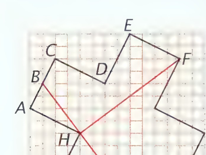 Four puzzle pieces arranged as a Greek cross on a grid, with the corners and intersections labeled A, B, C, D, E, F, G, and H and the segments AC, CD, DE, HF, and BG drawn.