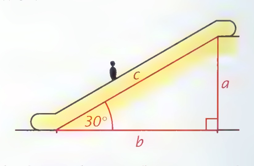 Drawing of an escalator rising at 30°, with its length labeled c, the vertical rise a, and the horizontal run b.