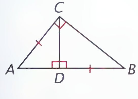 Right triangle ABC with altitude CD drawn to hypotenuse AB, a red tick mark on AC and on DB, and the right angles at C and D marked.