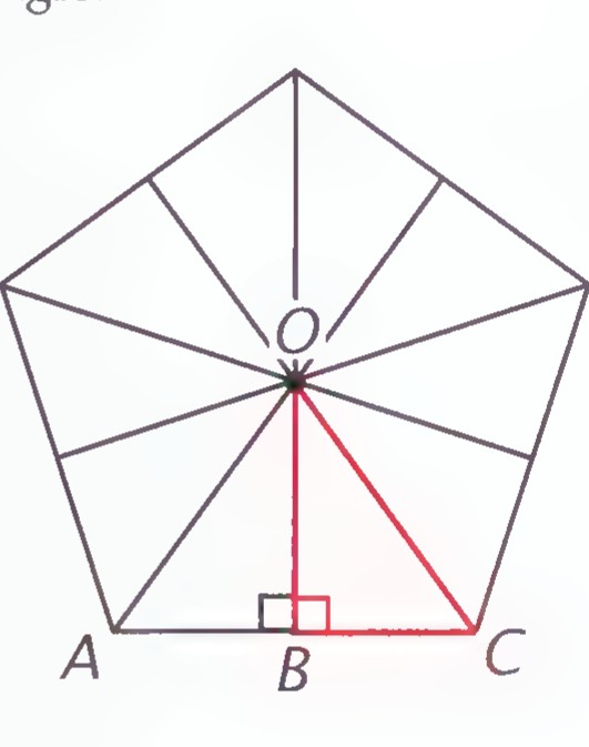 A regular pentagon with its center O and radii to all five vertices, and the right triangle OBC shaded red with the right angle at B.
