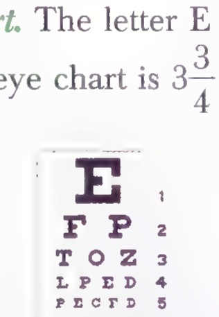 A photograph of an eye chart headed by a large letter E, with rows of letters decreasing in size down to a row of tiny letters.