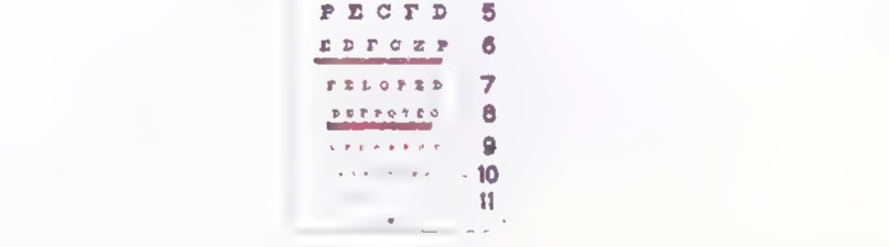 Diagram of an eye at point P looking at a large letter E twenty feet away, with the visual angle at P marked.
