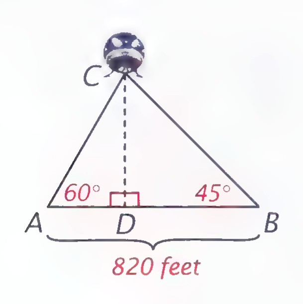 Triangle ABC with the UFO at the top, the altitude CD drawn to AB, the angles at A and B labeled 60° and 45°, and AB labeled 820 feet.