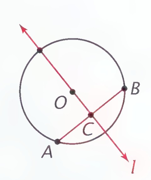 Circle with a chord AB at the bottom, a line l through the center O that cuts the chord at C, and a right-angle mark where the line meets the chord at C.
