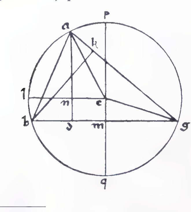 Circle from a sixteenth-century trigonometry book containing a many-pointed star inscribed in it, with the lower-case letters a, b, c, g, l, m, n, p, q, and s labeling its vertices and intersections.