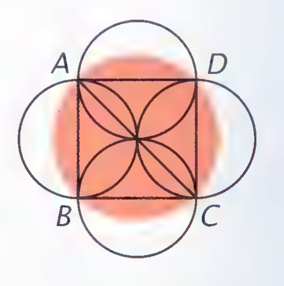 Red circular spot with four circles drawn on it whose diameters are the sides of square ABCD, the four circles meeting at the center of the square.