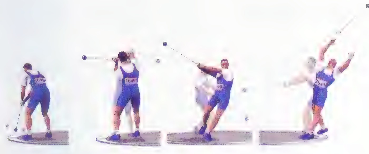 Sequence of four photographs of a hammer thrower, from the start of the swing through the release, with the hammer at the end of its wire.