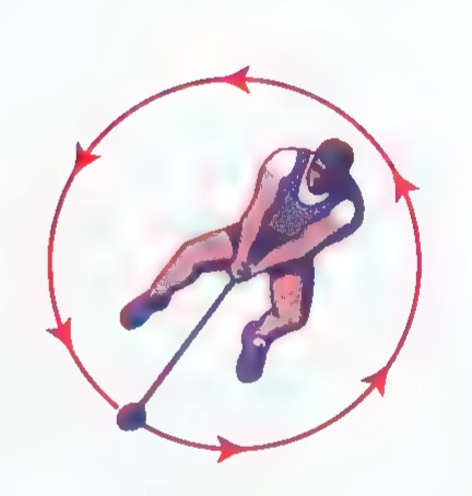 Hammer thrower inside a circle, with red arrows around the circle showing the direction of the swing.