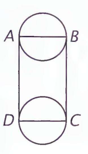 Diagram of two equal circles, one above the other, joined by two vertical tangent segments; the upper chord is AB and the lower chord is DC.