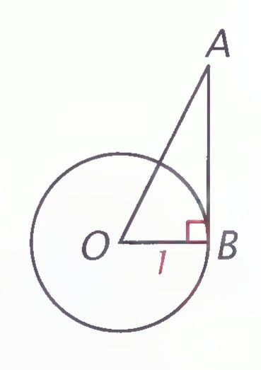 Right triangle OAB with the right angle at B, the leg OB also drawn as a radius of circle O, and the angle at O labeled 1.