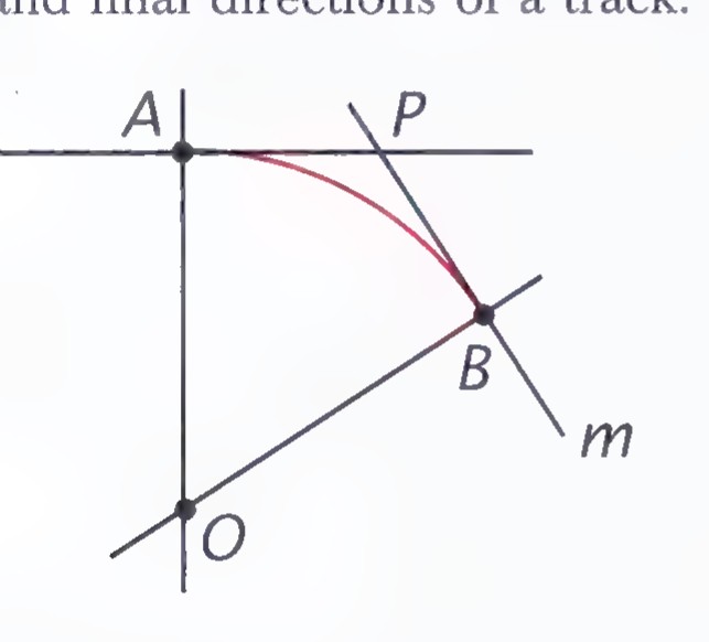 Two intersecting lines l and m with points A and B marked so that PA = PB, perpendiculars at A and B meeting at O, and a red arc from A to B centered at O.