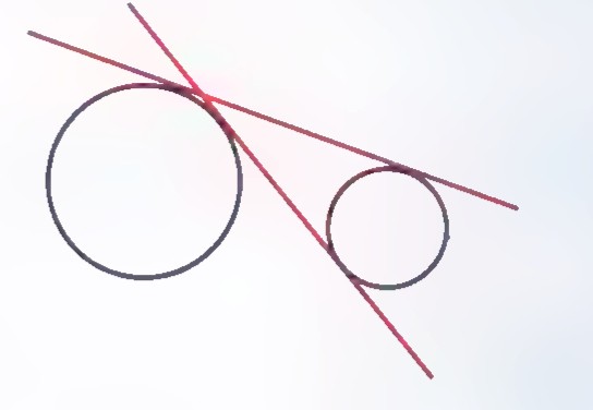 Two unequal circles with two red lines drawn tangent to both of them, crossing between the circles.