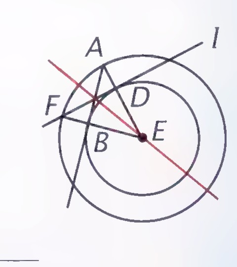 Two concentric circles with center E, a line l through E meeting the outer circle at D, a triangle AEF constructed on the inner circle, and a red line drawn from F through E to the outer circle.