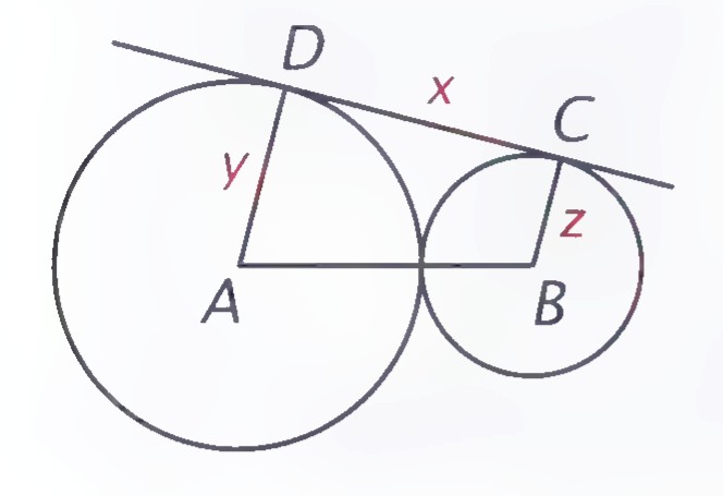 Two circles touching each other with centers A and B and radii y and z, a common tangent DC touching them at D and C, and the segment AB extended marked x.