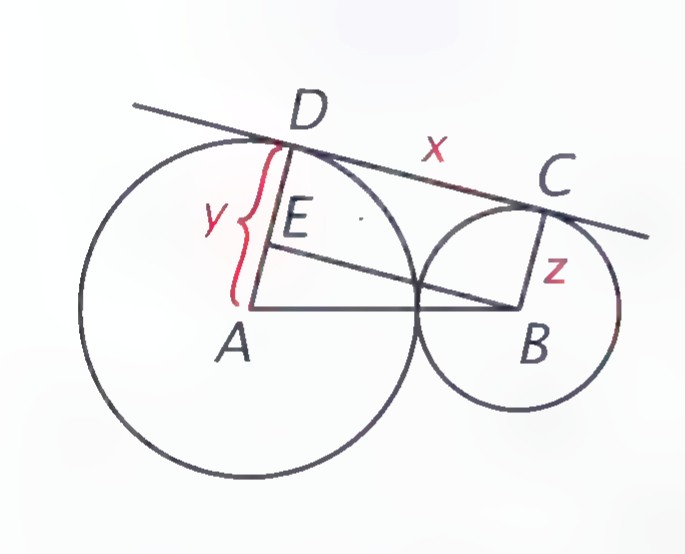 The same two circles with BE drawn parallel to the tangent DC, meeting AD at E.