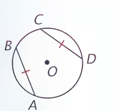 Circle with center O, equal chords AB and CD marked with matching tick marks.