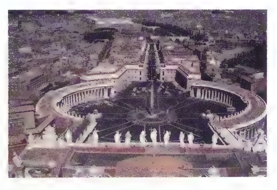Aerial photograph of Saint Peter’s Square, showing the two curving colonnades embracing the oval piazza in front of the basilica.
