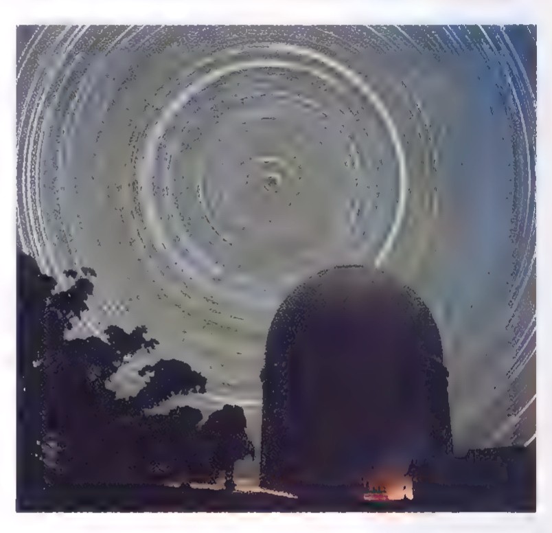 Time-exposure photograph of the night sky in which the stars trace concentric arcs around the pole, with the dark dome of a building and trees in the foreground.